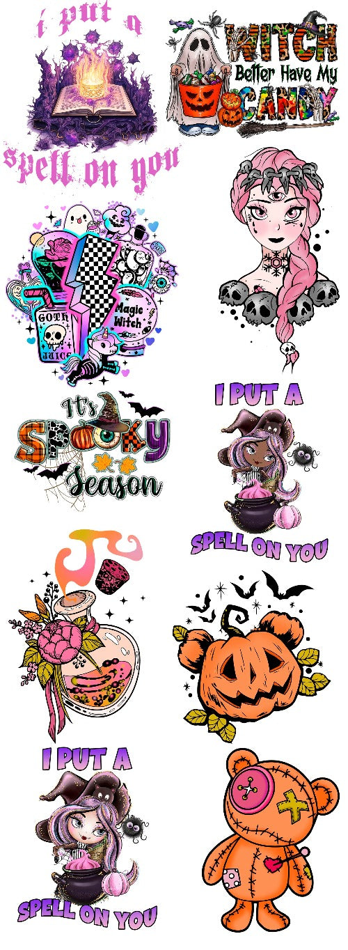 Halloween DTF Gang sheets, pre-made DTF gang sheets, DTF, Halloween DTF Designs, Halloween Tampa, witch, Zombies