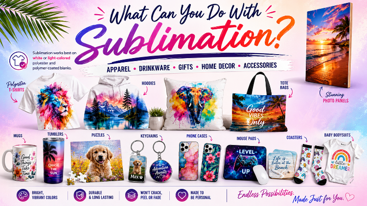 A promotional collage for sublimation printing showing many customizable product examples: apparel, drinkware, gifts, home decor, accessories, mugs, tumblers, keychains, phone cases, mouse pads, baby visors, and photo prints. The top text reads 'What Can You Do With Sublimation?' with categories listed across the middle and a row of sample products at the bottom on a pastel gradient background.