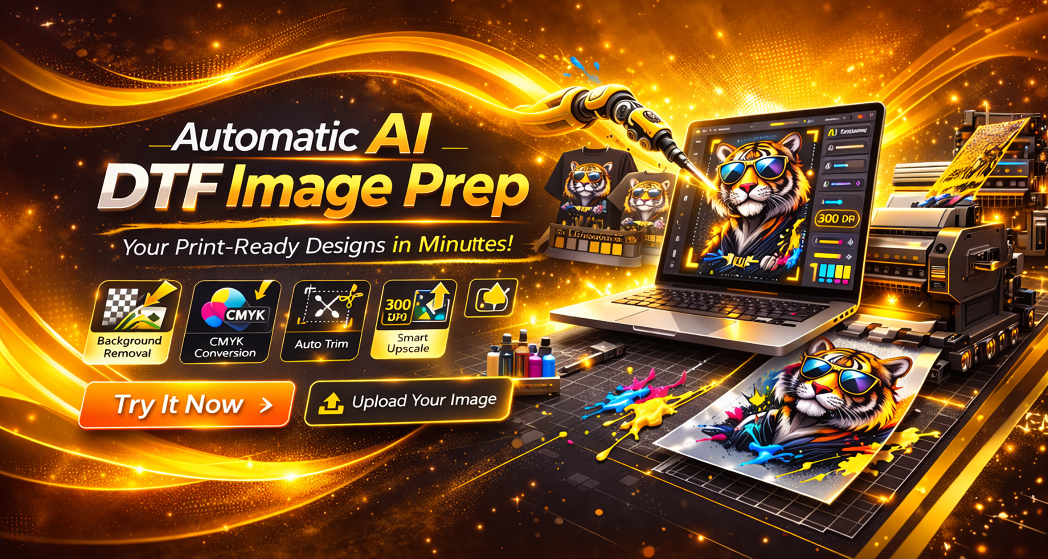 Promotional graphic for Automatic AI DTF Image Prep with laptop, printer, and tiger design. AI DTF Image Prep, Automatic DTF Print ready tools, One click AI TDF Prep tools