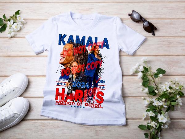 Kamala Harris DTF transfer, Kamala DTF prints, Kamala DTF design, woman of action, let's finish the job