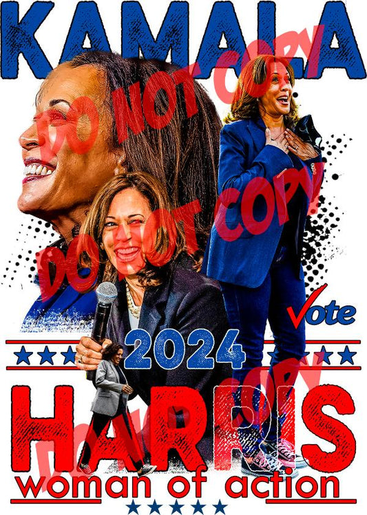 Kamala Harris DTF transfer, Kamala DTF prints, Kamala DTF design, woman of action, let's finish the job