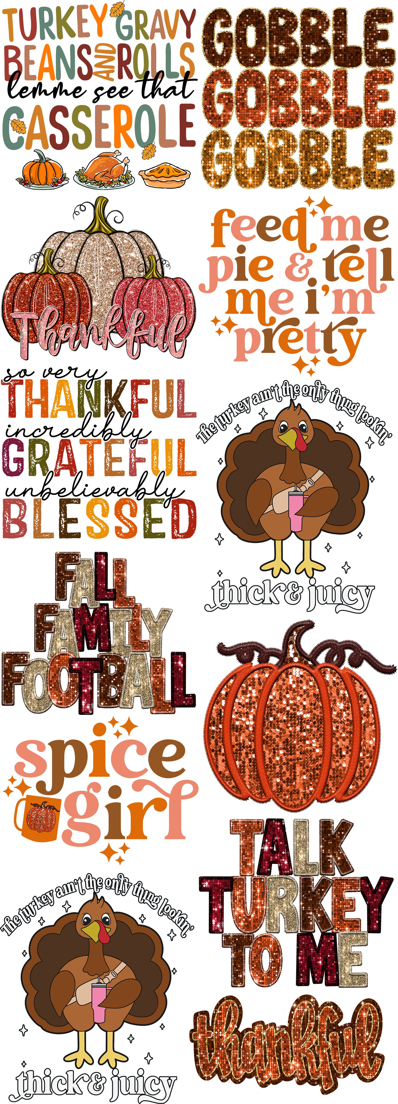 thanksgiving glitter dtf gang sheet, thanksgiving dtf , pre-made thanksgiving gang sheet, faux sequin dtf prints